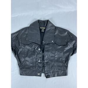Like an Angel Black Faux Leather Cropped Snap Button Jacket Short Sleeve S